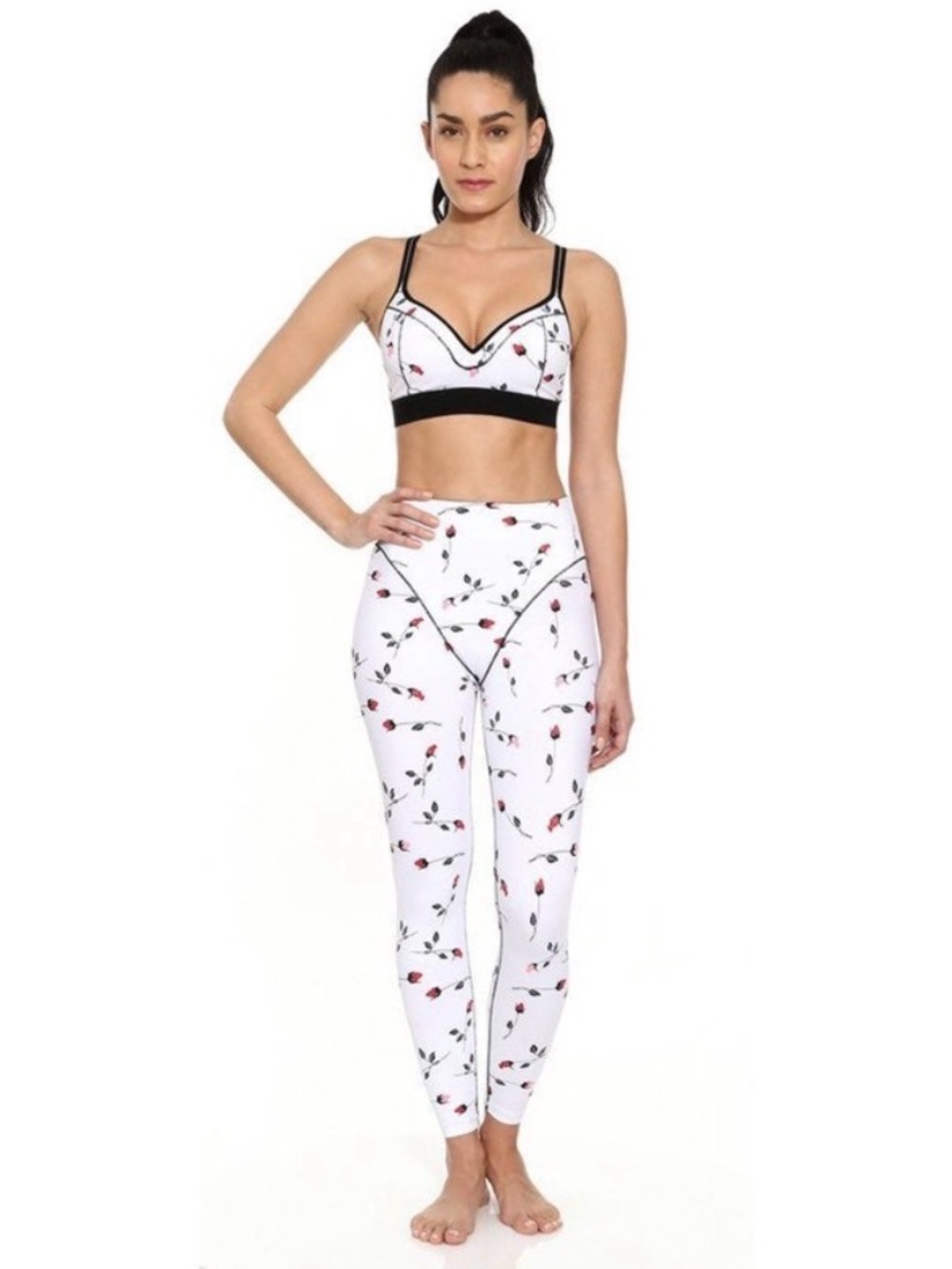 Adam Selman Sport White Floral High-Waist Leggings with Red Rose Buds | Size Med - Picture 2 of 6